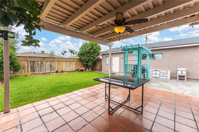 9548 Orizaba Ave, Downey, CA 90240 - fenced backyard featuring a patio, a pergola, ceiling fan, and an outdoor structure
