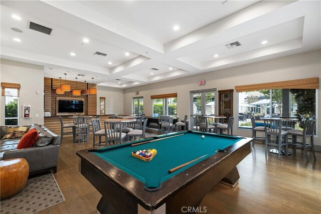 13131 Park Pl Unit 102, Hawthorne, CA 90250 - recreation room featuring pool table, wood finished floors, recessed lighting, and coffered ceiling