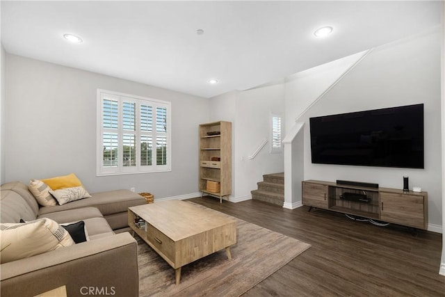 13131 Park Pl Unit 102, Hawthorne, CA 90250 - living area with stairway, dark wood-style floors, and recessed lighting