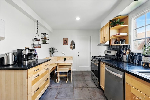 30156 Lexington Dr, Castaic, CA 91384 - kitchen with stainless steel appliances, light brown cabinetry, open shelves, under cabinet range hood, and dark countertops