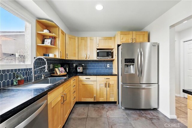 30156 Lexington Dr, Castaic, CA 91384 - kitchen with stainless steel appliances, open shelves, dark countertops, backsplash, and recessed lighting