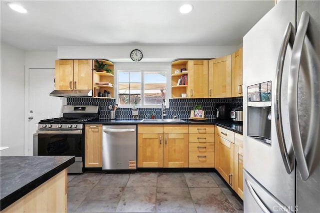 30156 Lexington Dr, Castaic, CA 91384 - kitchen featuring appliances with stainless steel finishes, open shelves, under cabinet range hood, dark countertops, and recessed lighting