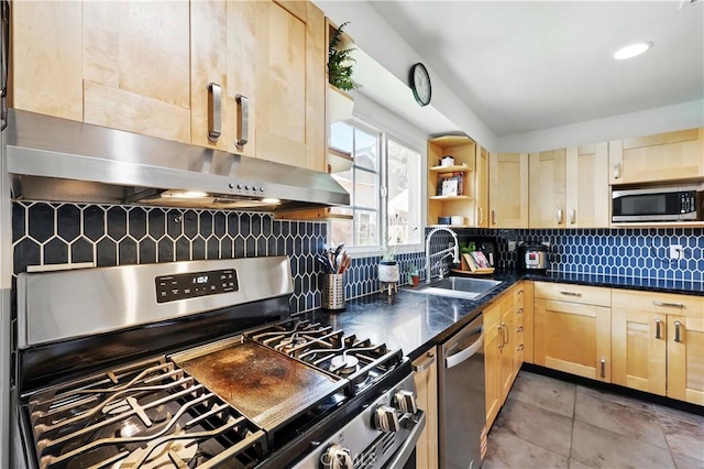 30156 Lexington Dr, Castaic, CA 91384 - kitchen with appliances with stainless steel finishes, light brown cabinetry, tasteful backsplash, open shelves, and dark countertops