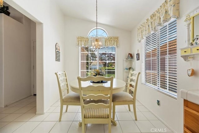 40209 Corte Peralta, Murrieta, CA 92562 - dining space featuring a chandelier, vaulted ceiling, and light tile patterned floors