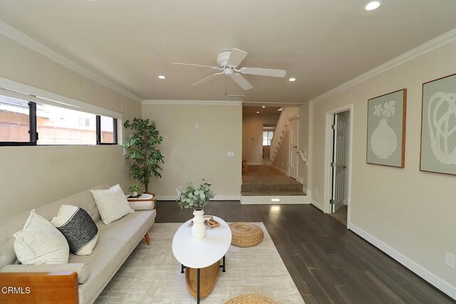 5026 Doreen Ave, Temple City, CA 91780 - living room with stairway, wood finished floors, crown molding, a ceiling fan, and recessed lighting