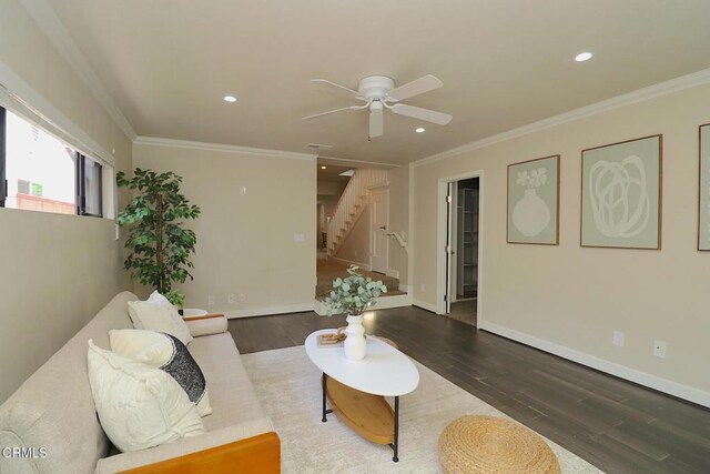 5026 Doreen Ave, Temple City, CA 91780 - living room featuring stairs, wood finished floors, a ceiling fan, ornamental molding, and recessed lighting