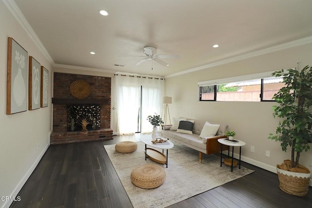 5026 Doreen Ave, Temple City, CA 91780 - living room featuring ceiling fan, a fireplace, wood finished floors, ornamental molding, and recessed lighting
