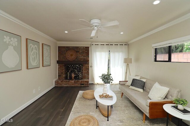5026 Doreen Ave, Temple City, CA 91780 - living room featuring ceiling fan, wood finished floors, recessed lighting, crown molding, and a fireplace
