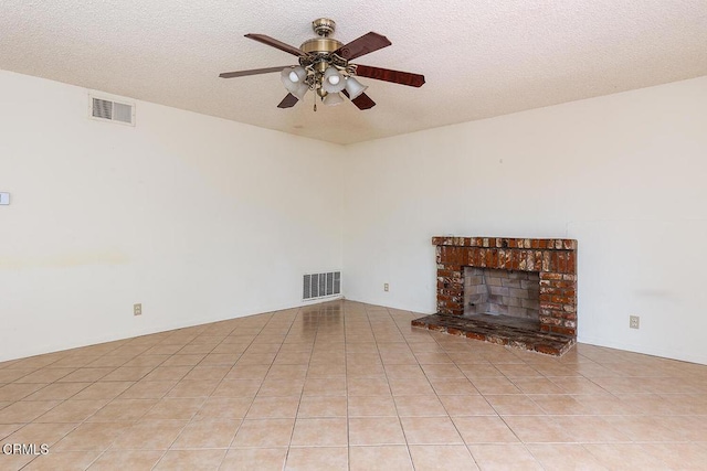 2026 Thomas Pl, West Covina, CA 91792 - unfurnished living room featuring a ceiling fan, a textured ceiling, light tile patterned floors, and a brick fireplace