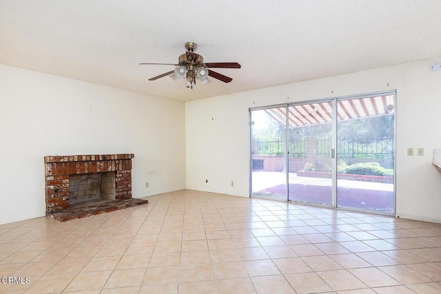 2026 Thomas Pl, West Covina, CA 91792 - unfurnished living room with ceiling fan, light tile patterned flooring, and a brick fireplace