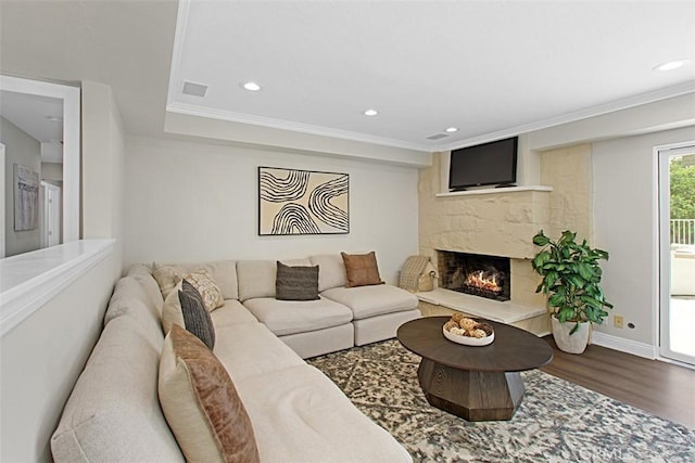 1604 N Laurel Ave, Upland, CA 91784 - living room with ornamental molding, wood finished floors, a fireplace, and recessed lighting