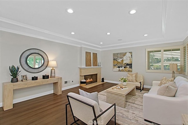 1604 N Laurel Ave, Upland, CA 91784 - living area with crown molding, wood finished floors, recessed lighting, and a fireplace with flush hearth