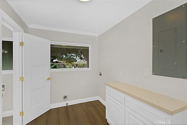 1604 N Laurel Ave, Upland, CA 91784 - washroom featuring electric panel, dark wood-type flooring, electric dryer hookup, ornamental molding, and washer hookup