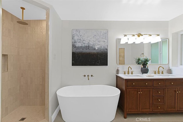 1604 N Laurel Ave, Upland, CA 91784 - full bathroom with a freestanding tub, a walk in shower, double vanity, and tile patterned flooring