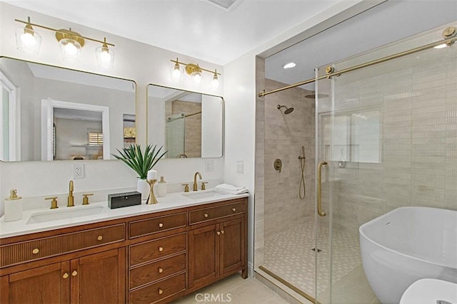 1604 N Laurel Ave, Upland, CA 91784 - bathroom featuring a freestanding bath, a stall shower, double vanity, and tile patterned flooring