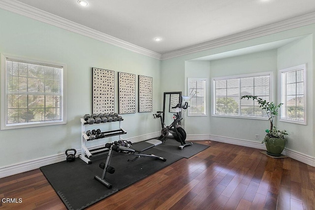 2981 Yucca Dr, Camarillo, CA 93012 - exercise room featuring ornamental molding, healthy amount of natural light, dark wood-type flooring, and recessed lighting