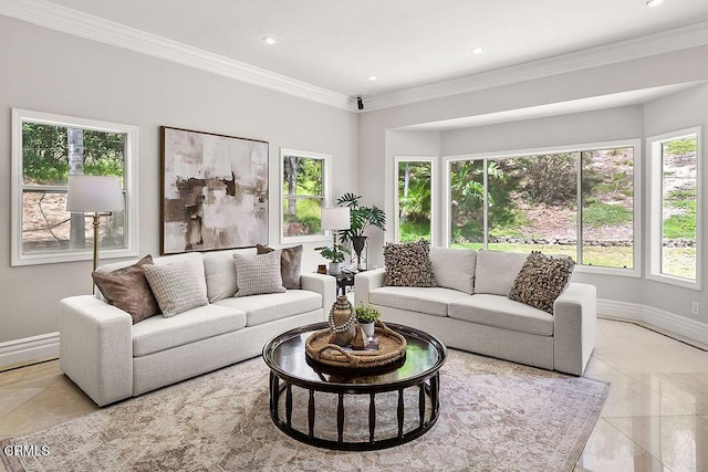 2981 Yucca Dr, Camarillo, CA 93012 - living area with crown molding, recessed lighting, and light tile patterned flooring