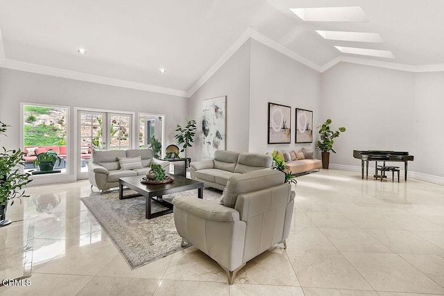 2981 Yucca Dr, Camarillo, CA 93012 - living area with lofted ceiling, a skylight, crown molding, and recessed lighting