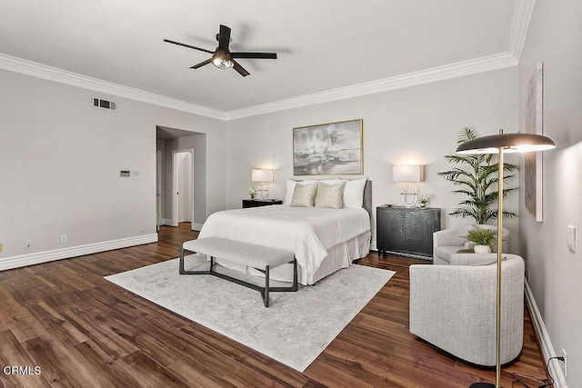 2981 Yucca Dr, Camarillo, CA 93012 - bedroom with ornamental molding, dark wood-style floors, and ceiling fan