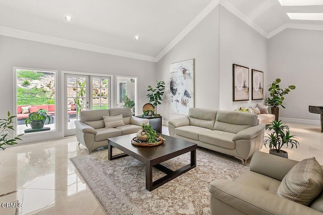 2981 Yucca Dr, Camarillo, CA 93012 - living area with french doors, a skylight, ornamental molding, and high vaulted ceiling