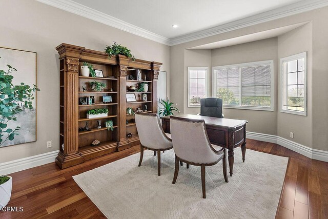2981 Yucca Dr, Camarillo, CA 93012 - office area with crown molding, wood finished floors, and recessed lighting