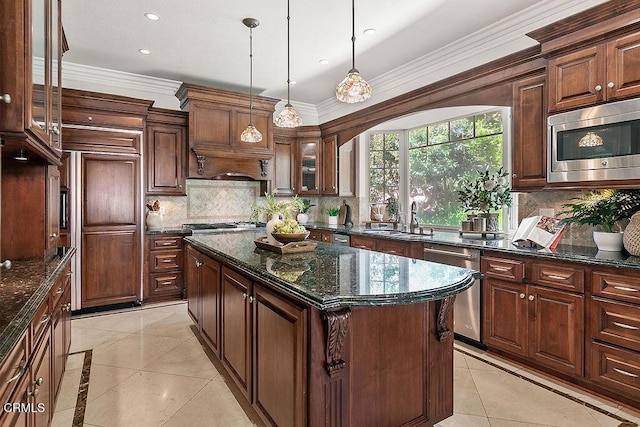 2981 Yucca Dr, Camarillo, CA 93012 - kitchen featuring appliances with stainless steel finishes, inlaid floor details, light tile patterned floors, a center island, and glass insert cabinets