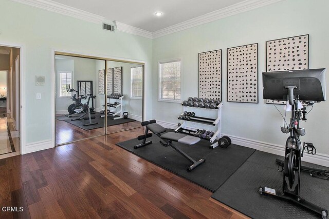 2981 Yucca Dr, Camarillo, CA 93012 - exercise room featuring wood finished floors, ornamental molding, and recessed lighting