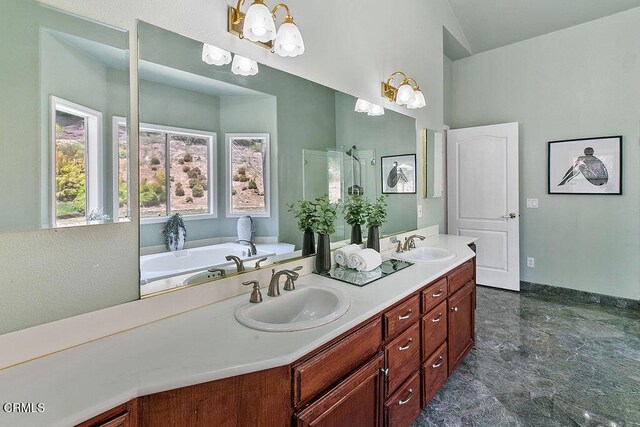 2981 Yucca Dr, Camarillo, CA 93012 - bathroom with double vanity, a bath, a chandelier, and a shower