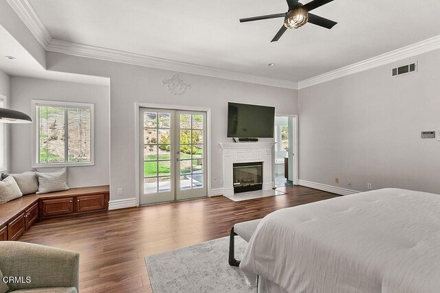 2981 Yucca Dr, Camarillo, CA 93012 - bedroom featuring access to exterior, multiple windows, crown molding, and dark wood-style flooring