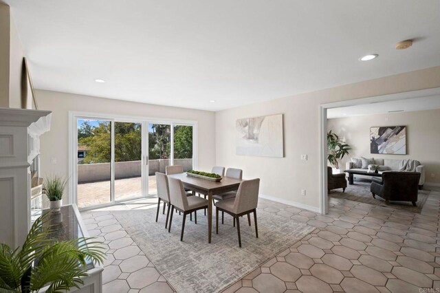 917 Gretna Green Way, Escondido, CA 92025 - tiled dining space featuring recessed lighting and a fireplace