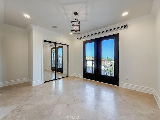 567 Lone Oak Dr, Thousand Oaks, CA 91362 - unfurnished room featuring french doors, ornamental molding, recessed lighting, and a chandelier
