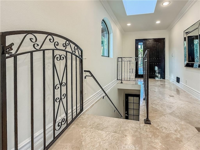 567 Lone Oak Dr, Thousand Oaks, CA 91362 - entrance foyer with ornamental molding, a skylight, and recessed lighting