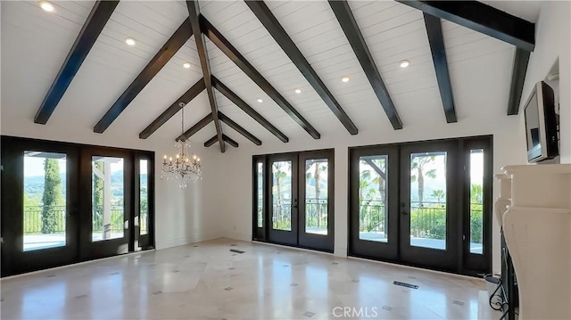567 Lone Oak Dr, Thousand Oaks, CA 91362 - entrance foyer featuring french doors, plenty of natural light, a chandelier, high vaulted ceiling, and recessed lighting