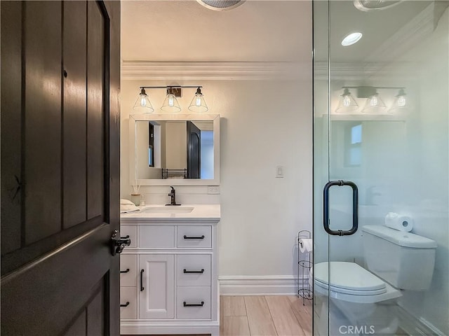 567 Lone Oak Dr, Thousand Oaks, CA 91362 - bathroom with vanity, ornamental molding, and an enclosed shower