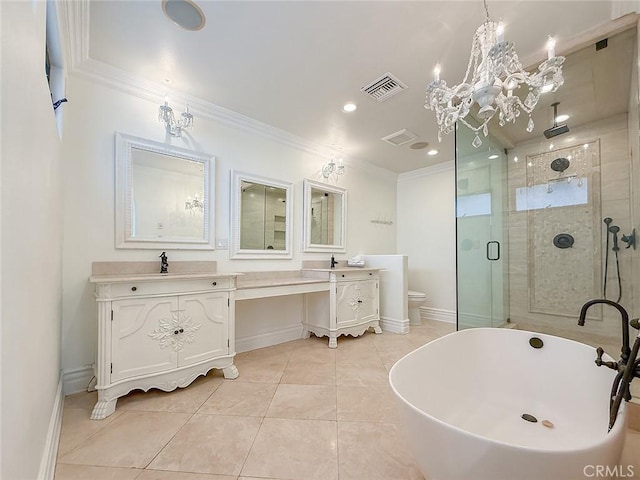 567 Lone Oak Dr, Thousand Oaks, CA 91362 - full bath featuring crown molding, double vanity, a stall shower, a freestanding bath, and tile patterned flooring