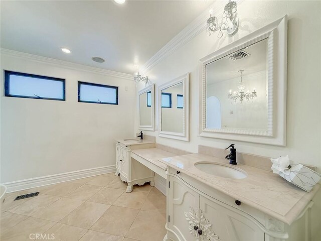 567 Lone Oak Dr, Thousand Oaks, CA 91362 - full bath featuring two vanities, tile patterned floors, crown molding, and a chandelier