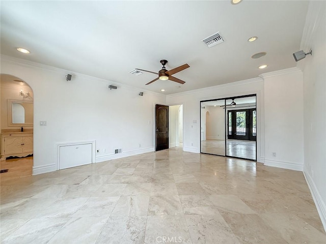 567 Lone Oak Dr, Thousand Oaks, CA 91362 - unfurnished room featuring a ceiling fan, arched walkways, crown molding, and recessed lighting