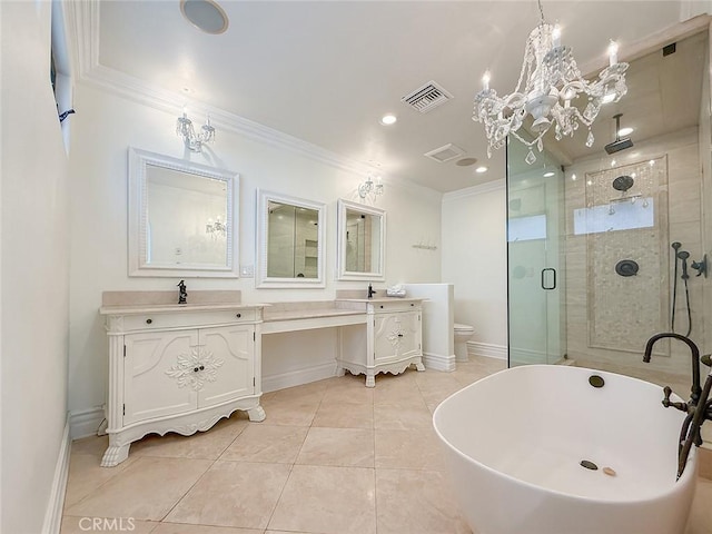 567 Lone Oak Dr, Thousand Oaks, CA 91362 - full bathroom featuring crown molding, double vanity, a stall shower, a soaking tub, and tile patterned floors