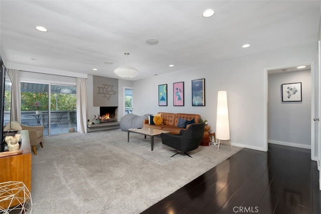 365 Hastings Ranch Rd Unit 4, Pasadena, CA 91107 - living area with recessed lighting, dark wood-style flooring, and a large fireplace