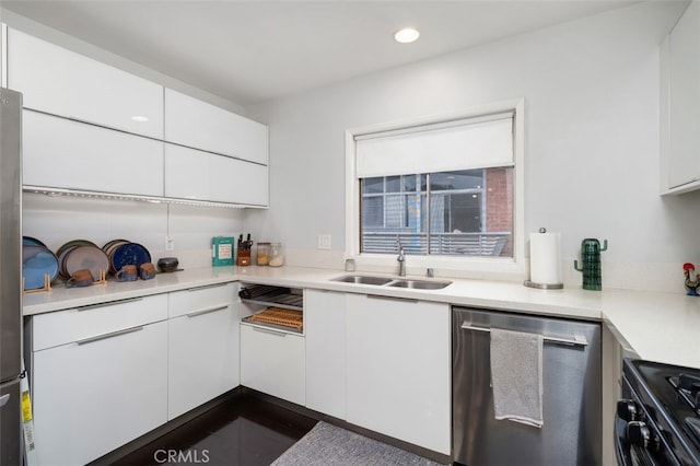 365 Hastings Ranch Rd Unit 4, Pasadena, CA 91107 - kitchen with stainless steel dishwasher, black gas range, white cabinetry, light countertops, and recessed lighting