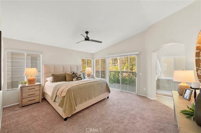 41024 Montelena Cir, Temecula, CA 92591 - bedroom with access to exterior, lofted ceiling, light colored carpet, ceiling fan, and arched walkways