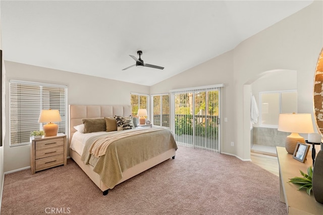 41024 Montelena Cir, Temecula, CA 92591 - bedroom featuring access to outside, lofted ceiling, light colored carpet, a ceiling fan, and arched walkways