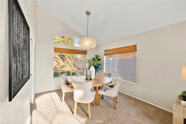 41024 Montelena Cir, Temecula, CA 92591 - carpeted dining room featuring baseboards and high vaulted ceiling