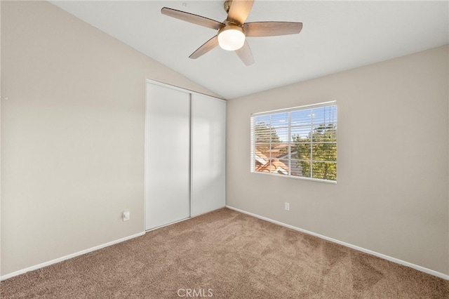 41024 Montelena Cir, Temecula, CA 92591 - unfurnished bedroom with carpet, a closet, vaulted ceiling, and ceiling fan