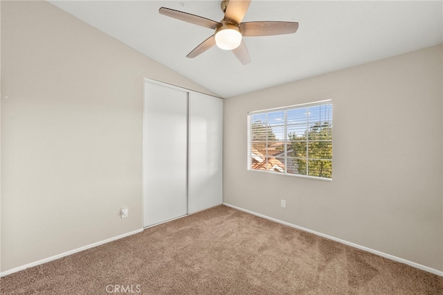 41024 Montelena Cir, Temecula, CA 92591 - unfurnished bedroom with carpet flooring, a closet, vaulted ceiling, and ceiling fan