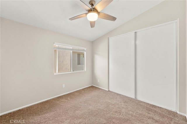 41024 Montelena Cir, Temecula, CA 92591 - unfurnished bedroom featuring carpet floors, vaulted ceiling, a closet, and ceiling fan