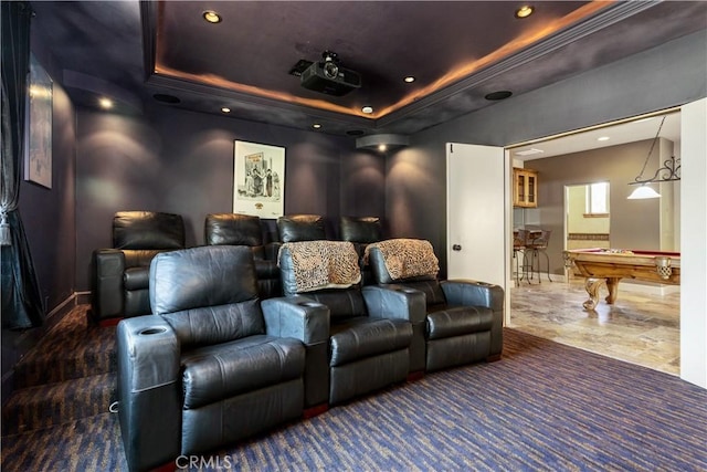 9942 Sunfish Cir, Paso Robles, CA 93446 - cinema room with a tray ceiling, billiards, and recessed lighting