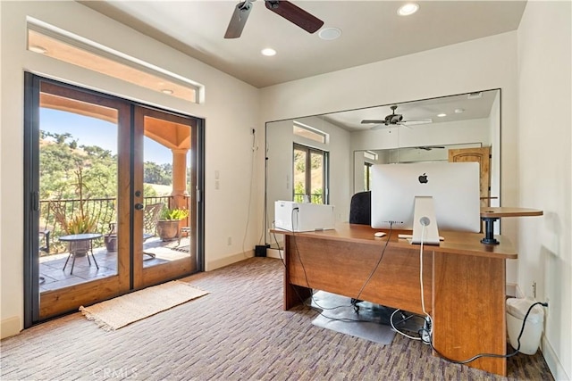 9942 Sunfish Cir, Paso Robles, CA 93446 - office area with a ceiling fan, french doors, recessed lighting, and carpet floors