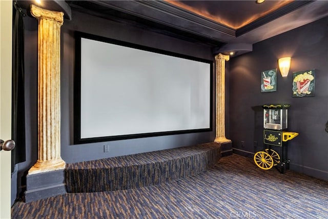 9942 Sunfish Cir, Paso Robles, CA 93446 - cinema room with decorative columns, carpet, crown molding, and a raised ceiling