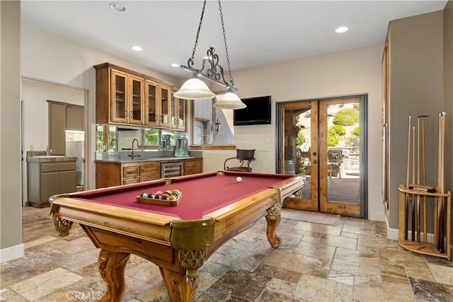 9942 Sunfish Cir, Paso Robles, CA 93446 - rec room with beverage cooler, stone tile floors, french doors, recessed lighting, and pool table